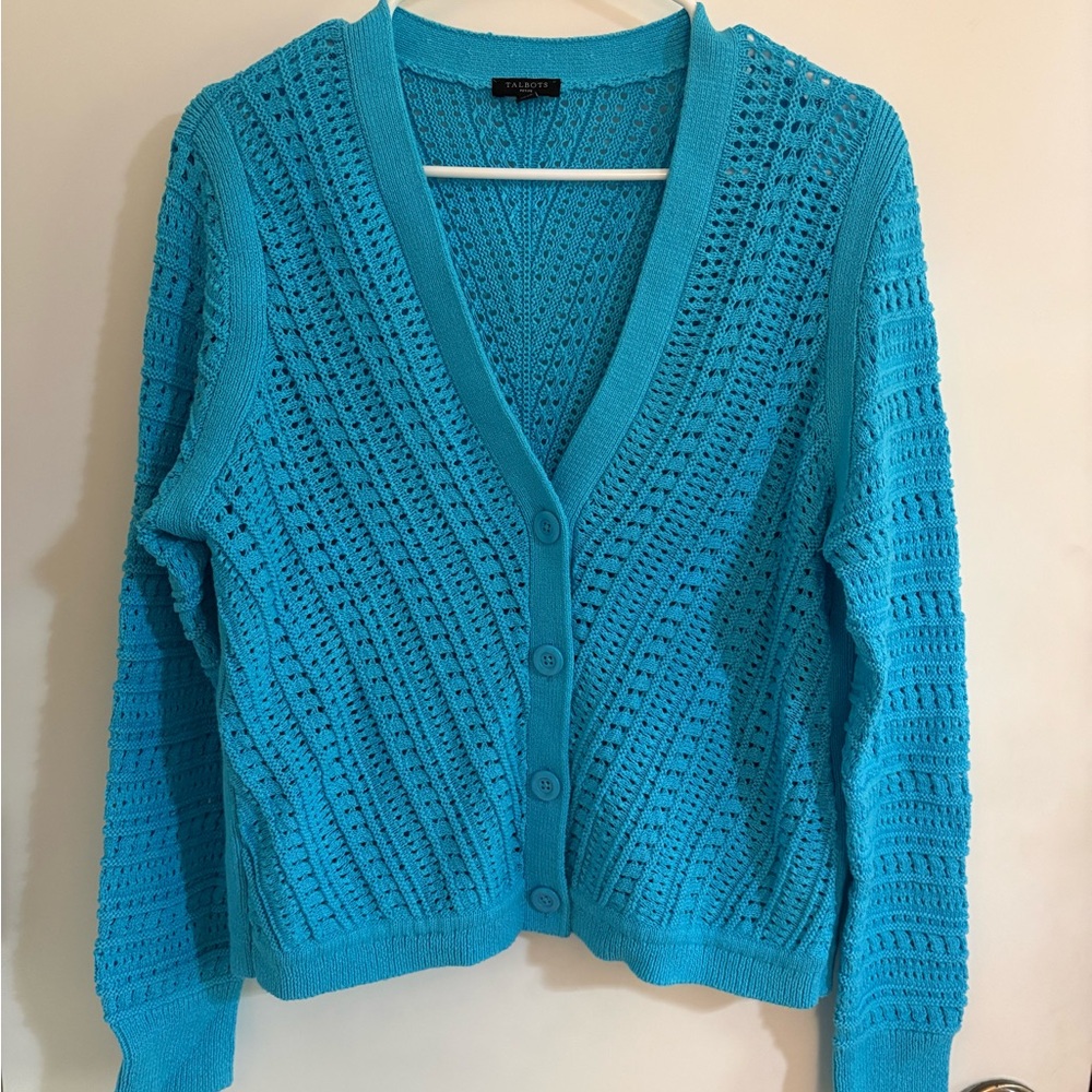 Talbots Bright Turquoise Open-Knit V-Neck Button Cardigan